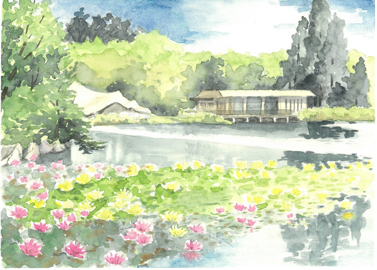 透明水彩で描く初心者用風景画 長居公園 Nagai Park